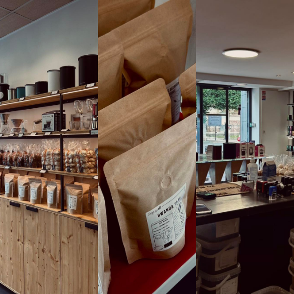 Triptyque montrant des étagères de boutique garnies, des sachets de café alignés et l’intérieur de la boutique de Saint-Cloud