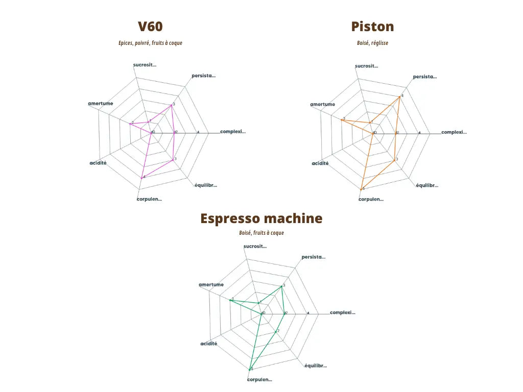 Graphique du profil aromatique de l’Éthiopie Mohamed Ali, détaillant les arômes par méthode